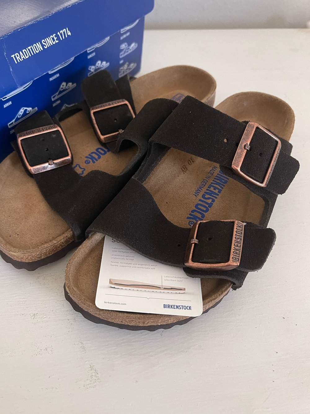 Birkenstock Women's size 7 Men's Size 5 Mocha Suede Sandals with Copper Buckles